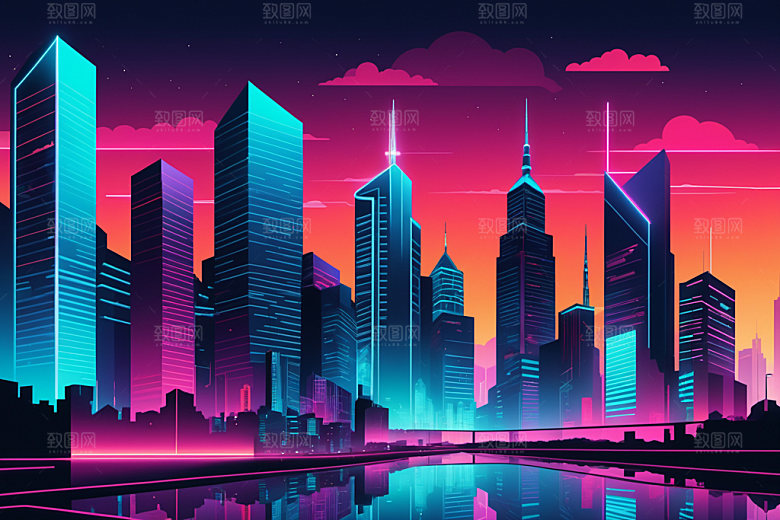 霓虹城市元素彩色插画