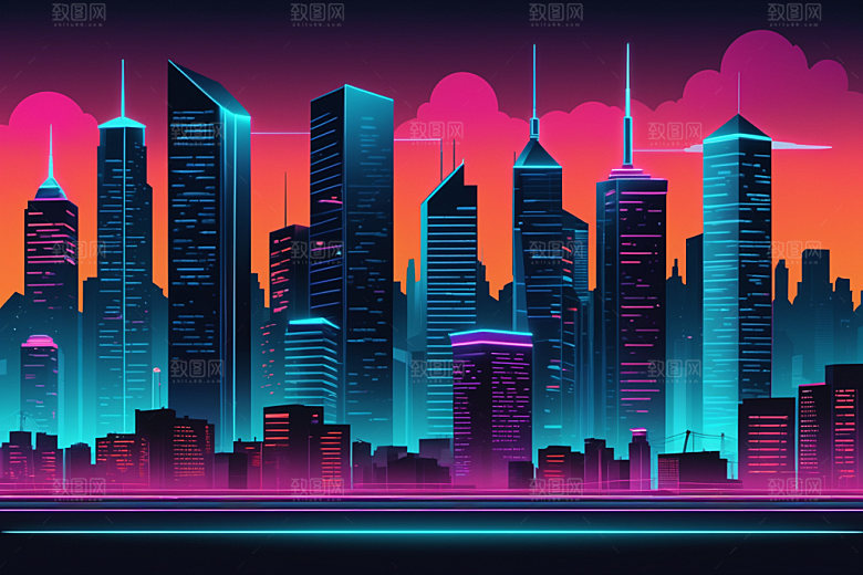 霓虹城市未来建筑插画
