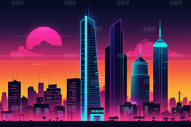 霓虹城市彩色未来插画