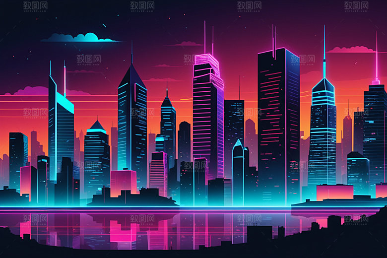 霓虹城市时尚彩色插画