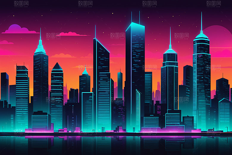 霓虹城市赛博朋克科技感插画