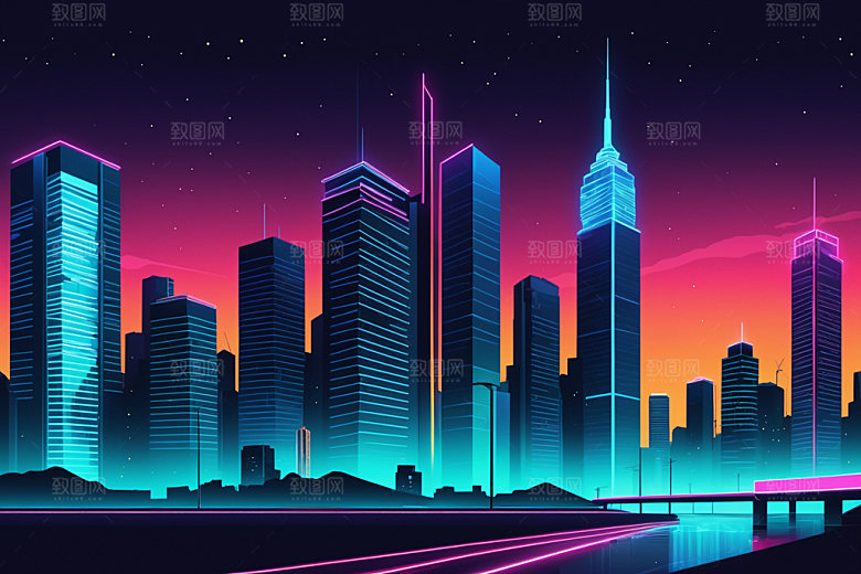 霓虹城市元素地标插画