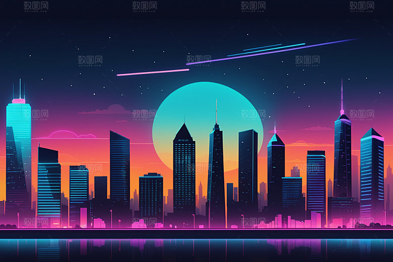 霓虹城市未来都市插画