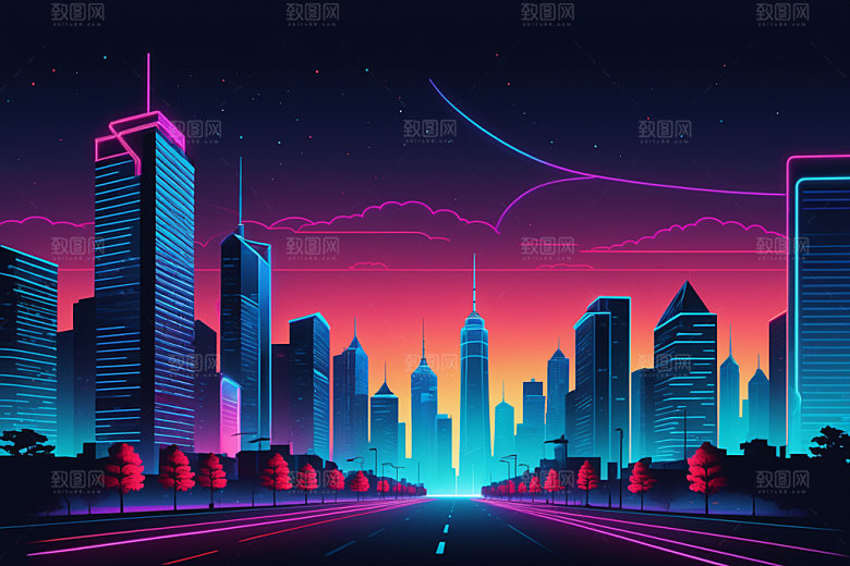 霓虹城市彩色科技感插画
