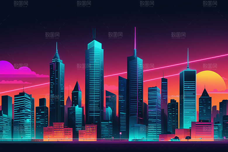霓虹城市科技感都市插画