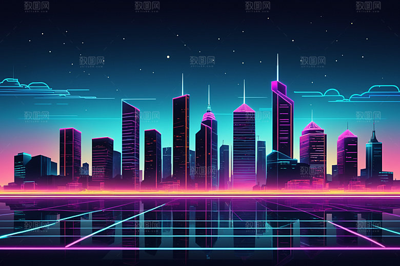 霓虹城市彩色科技感插画