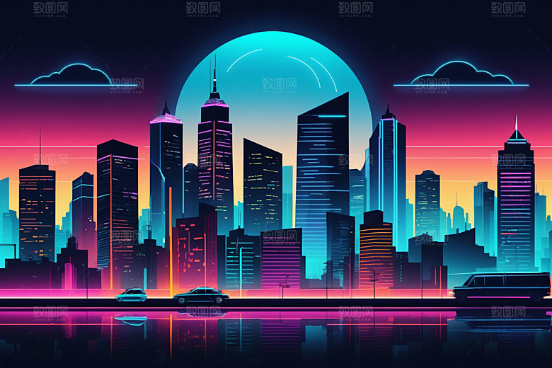 霓虹城市建筑科技感插画