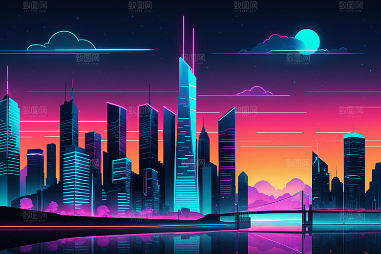 霓虹城市未来科技感插画