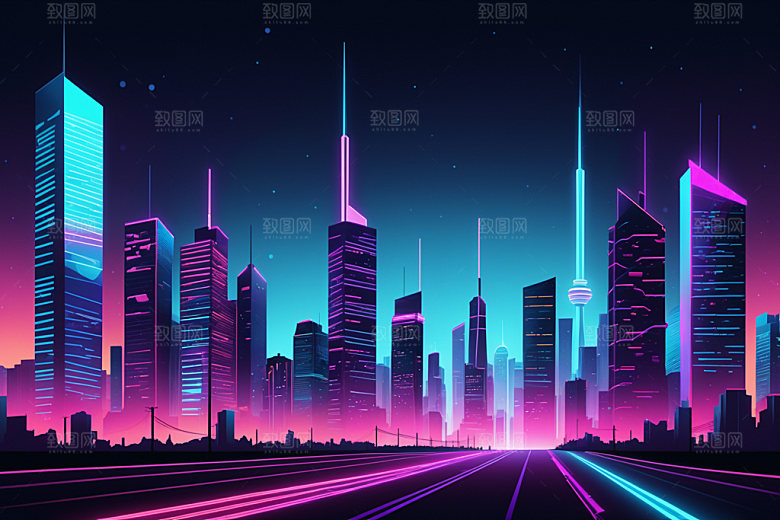 霓虹城市未来赛博朋克插画
