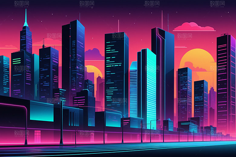霓虹城市元素建筑插画