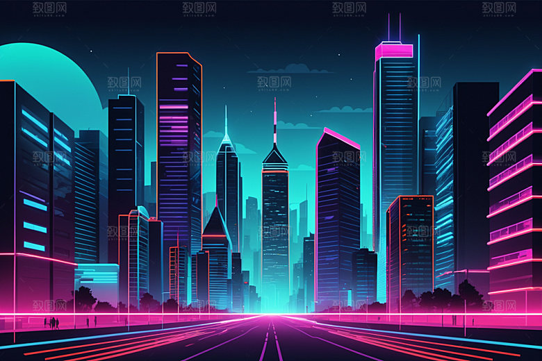霓虹城市地标科技感插画
