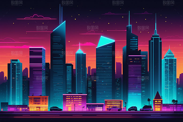 霓虹城市建筑元素插画