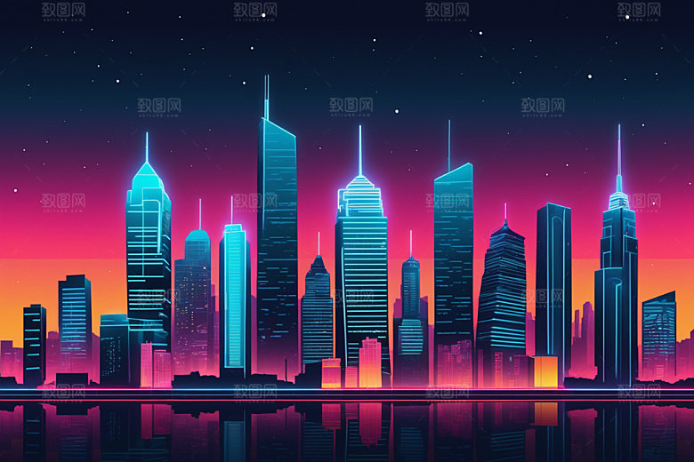 霓虹城市地标建筑插画