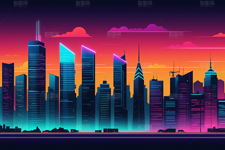 霓虹城市时尚建筑插画