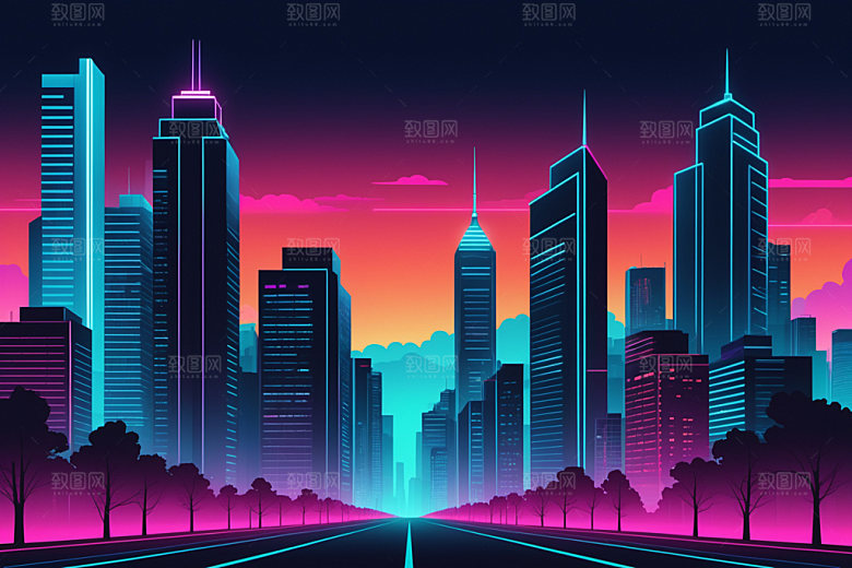 霓虹城市地标彩色插画