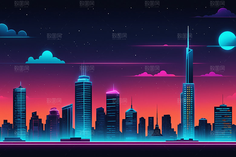 霓虹城市元素科技感插画