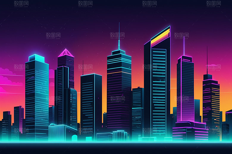 霓虹城市未来建筑插画