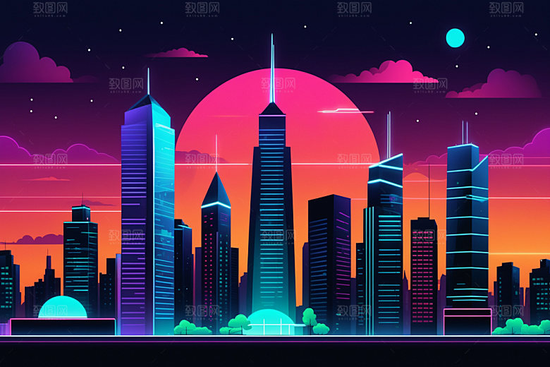 霓虹城市科技感地标插画