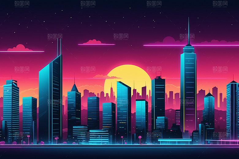霓虹城市科技感未来插画