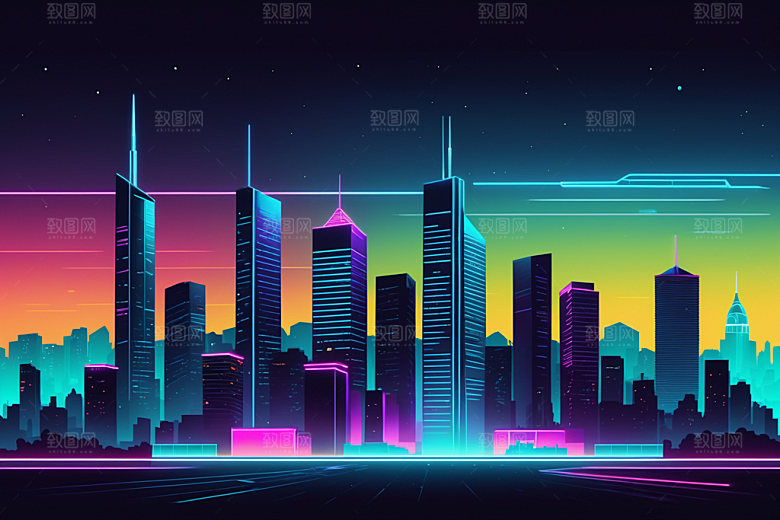 霓虹城市元素时尚插画