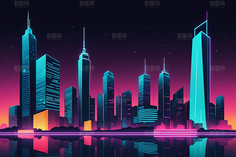 霓虹城市地标建筑插画