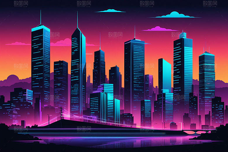 霓虹城市未来科技感插画