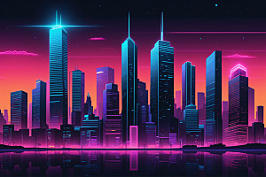 霓虹城市彩色元素插画