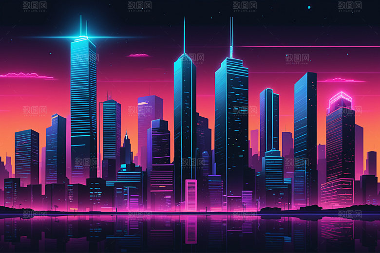 霓虹城市彩色元素插画