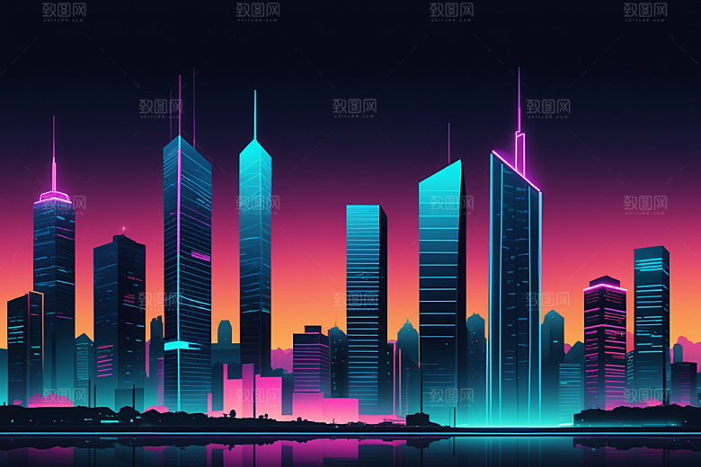 霓虹城市建筑地标插画