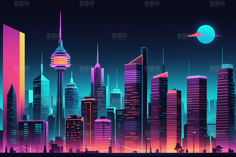 霓虹城市建筑时尚插画