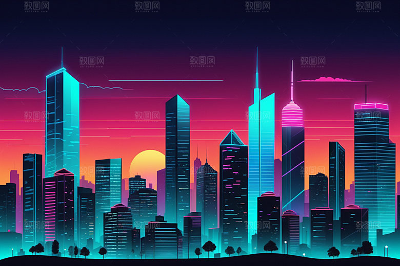 霓虹城市彩色时尚插画