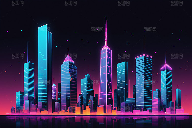霓虹城市科技感建筑插画
