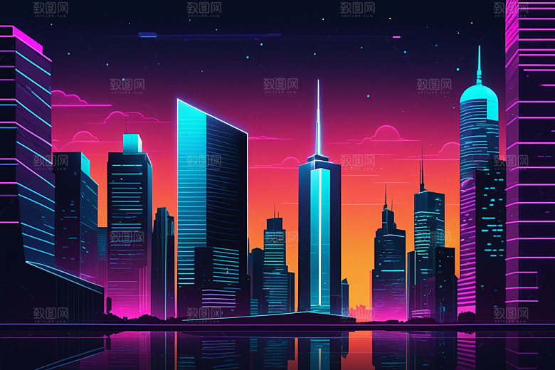 霓虹城市彩色时尚插画