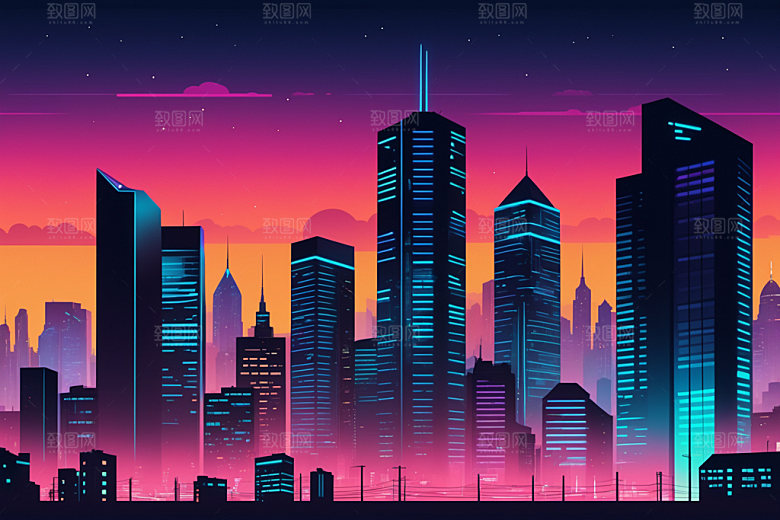 霓虹城市地标都市插画