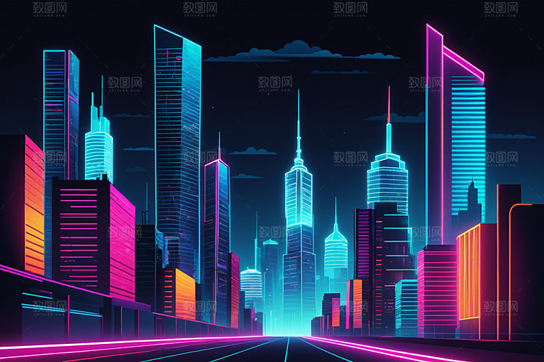 霓虹城市赛博朋克时尚插画