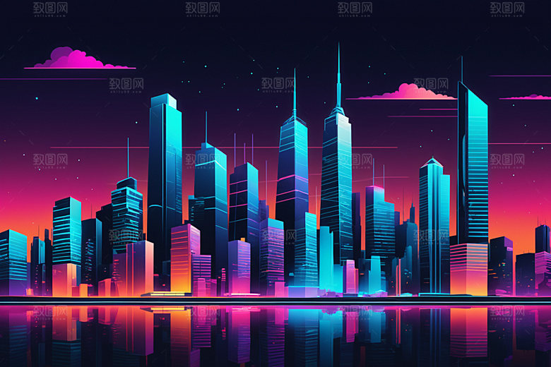 霓虹城市元素赛博朋克插画
