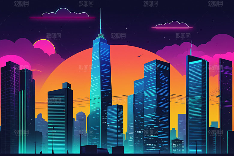 霓虹城市彩色都市插画