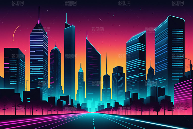霓虹城市未来科技感插画