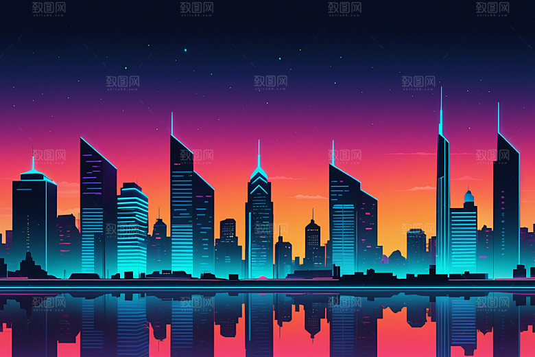 霓虹城市元素彩色插画