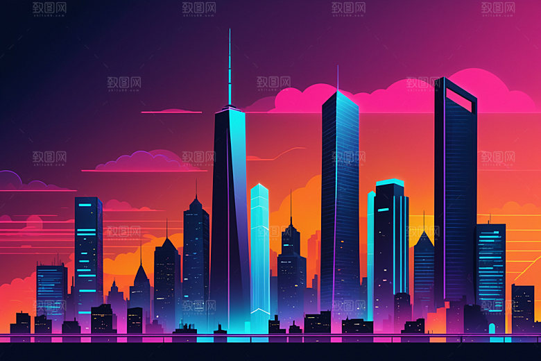 霓虹城市未来元素插画