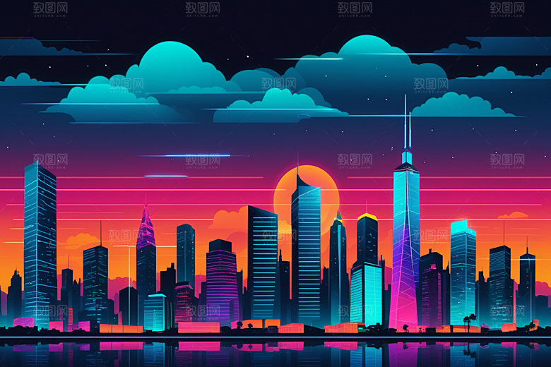 霓虹城市科技感元素插画