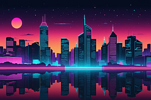 霓虹城市地标建筑插画