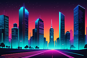 霓虹城市建筑未来插画