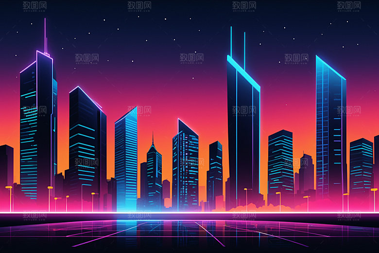 霓虹城市彩色科技感插画