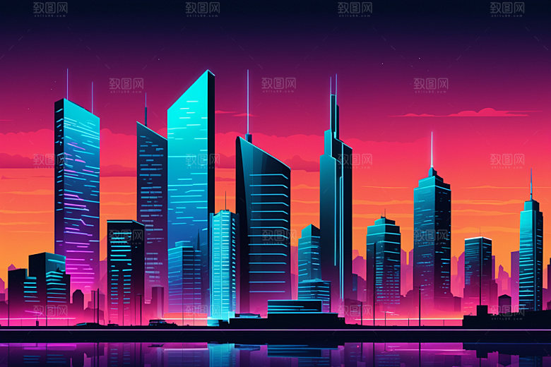 霓虹城市赛博朋克科技感插画