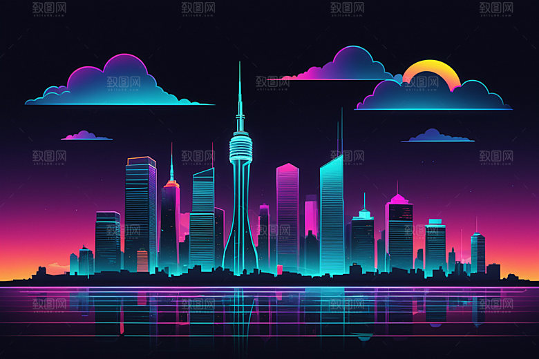 霓虹城市赛博朋克地标插画