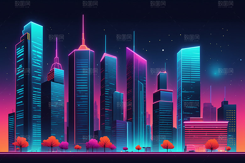 霓虹城市科技感未来插画