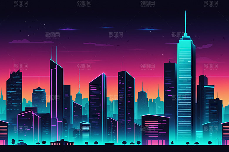 霓虹城市科技感地标插画