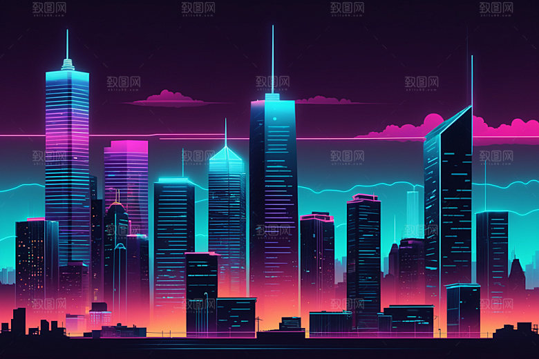 霓虹城市科技感赛博朋克插画