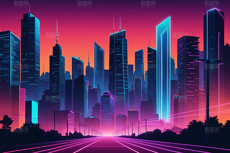 霓虹城市时尚地标插画